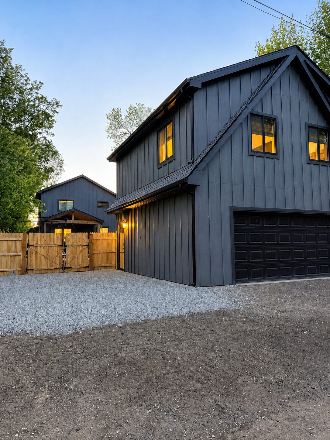 Two-story home addition with black board-and-batten siding and attached garage by Far West Construction in Fort Collins, CO