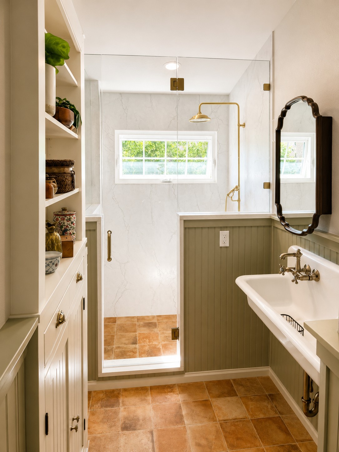 Farmhouse bathroom remodel with sage beadboard, brass fixtures, and terracotta tile by Far West Construction in Fort Collins, CO