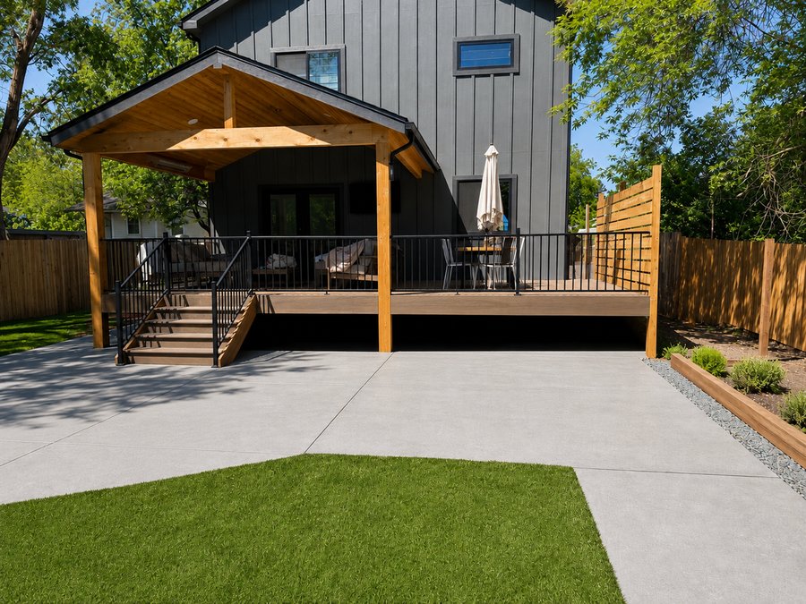 Covered cedar deck with patio and railings by Far West Construction in Timnath, CO