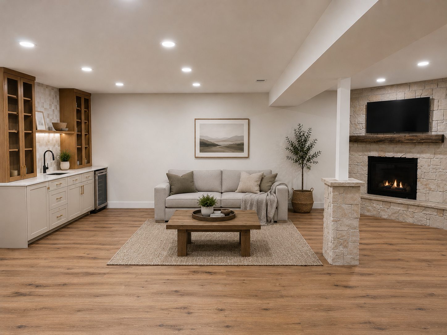 Finished basement with custom built-ins by Far West Construction in Fort Collins, Colorado