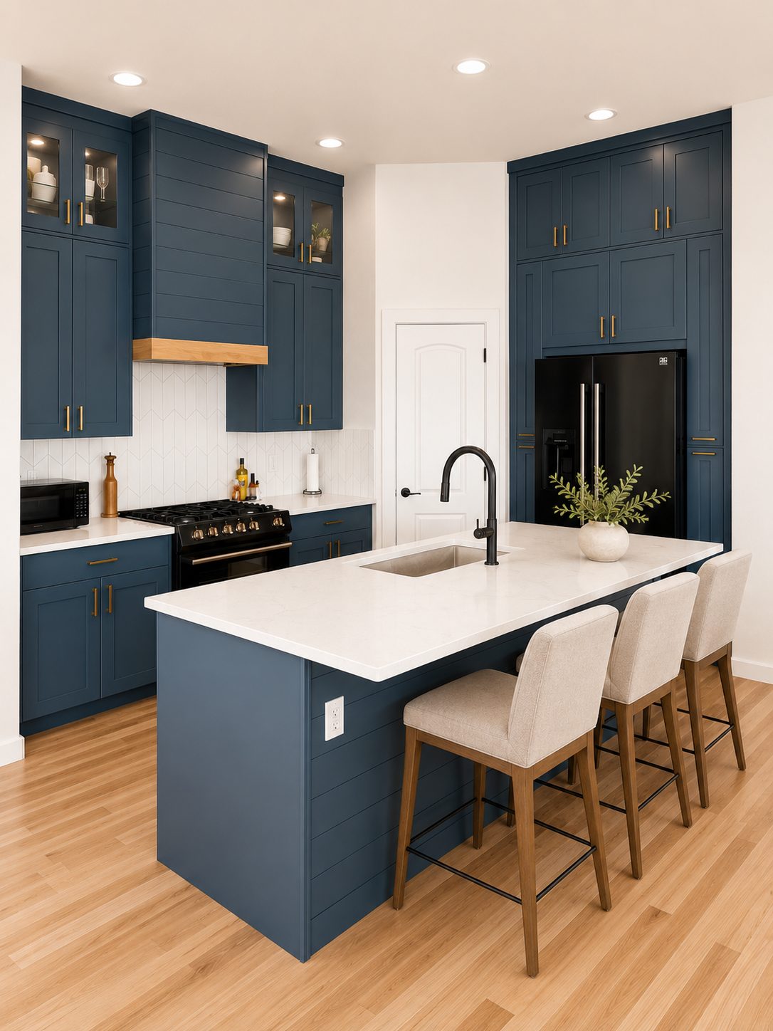 Modern navy blue kitchen remodel with white quartz island and black appliances by Far West Construction in Loveland, CO